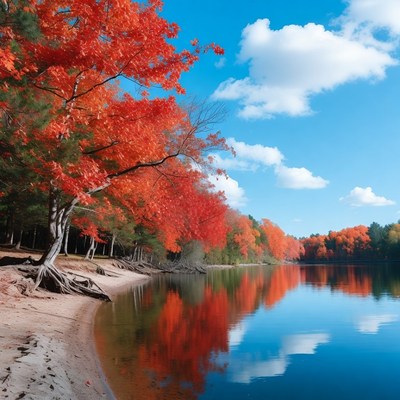 Red Autumn Trees by Lakeside