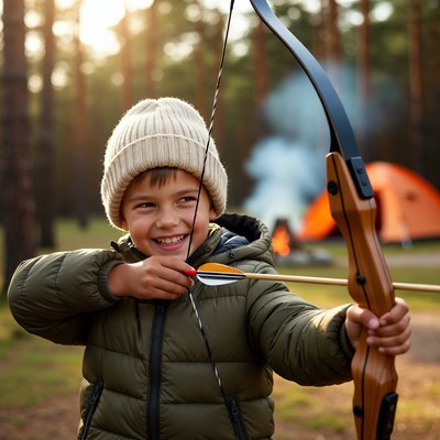 Boy shooting bow in forest campsite