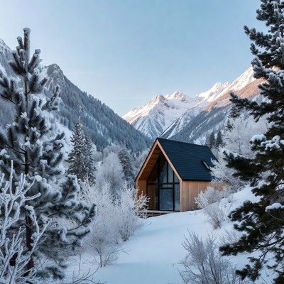 Modern Wooden Cabin in Snowy Mountains