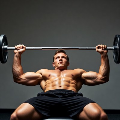 Muscular man bench pressing barbell
