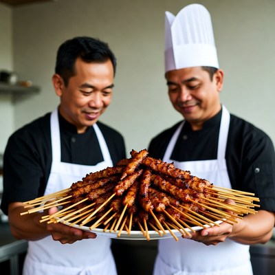 Two Asian Chefs Holding Grilled Skewers