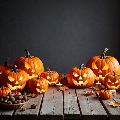 Jack-o'-lanterns on wooden table