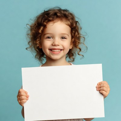 Curly-haired girl holding blank sign