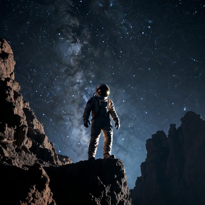 Astronaut standing on rocky cliff under Milky Way