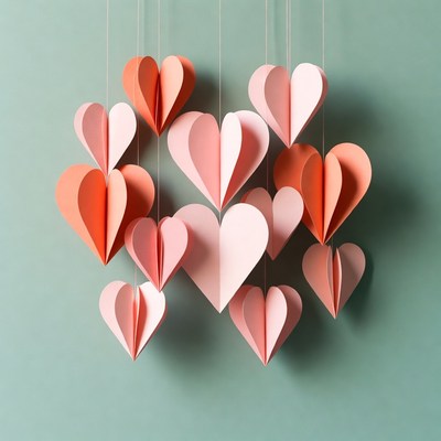 Hanging Paper Hearts on Green Background