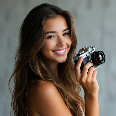 Smiling woman holding vintage camera