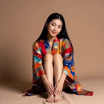 Asian woman in colorful kimono sitting