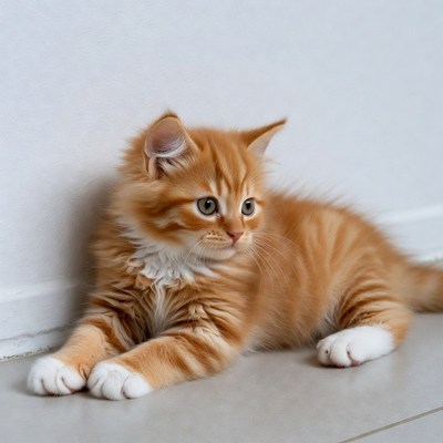 Orange tabby kitten lying on floor