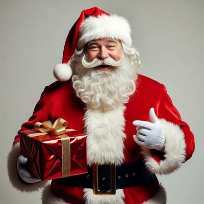 Smiling Santa Claus holding red gift