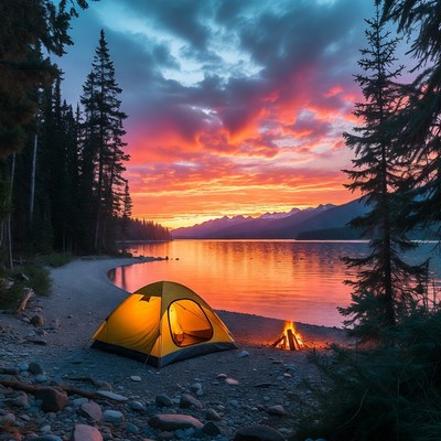 Yellow tent by campfire at sunset lake