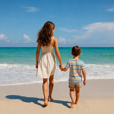 Sister and brother holding hands on beach