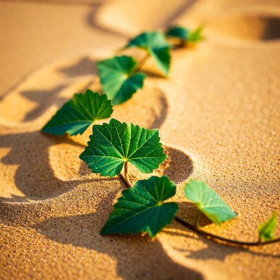 Green ivy leaves on desert sand