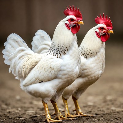 Two White Chickens Standing Together