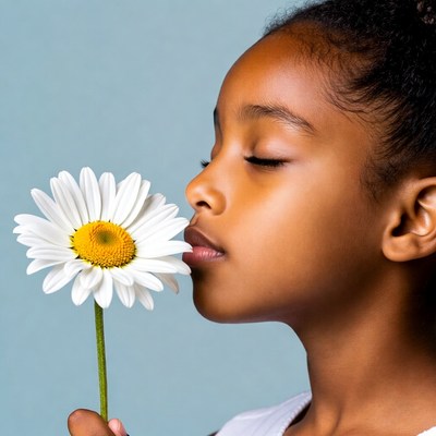African-American girl smelling daisy