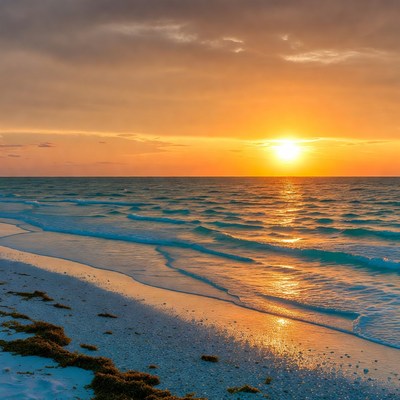 Sunset over beach and ocean