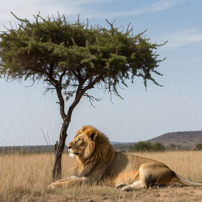 Lion resting under acacia tree