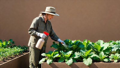 Woman spraying plants in garden