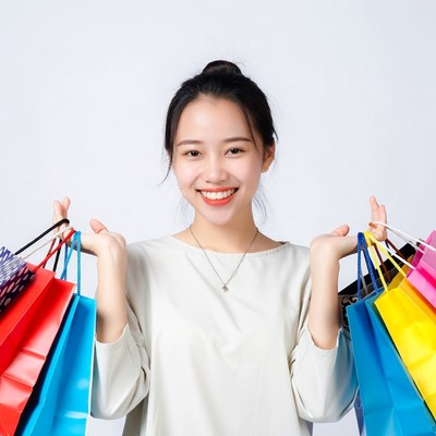 Asian woman holding colorful shopping bags