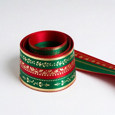 Rolled Christmas Ribbon with Gold Leaves