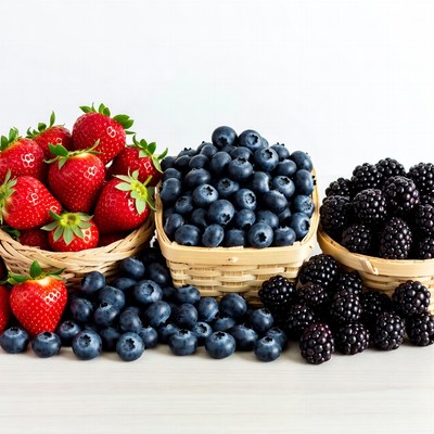 Strawberries Blueberries Blackberries in Baskets