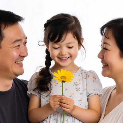 Asian girl holding sunflower with parents