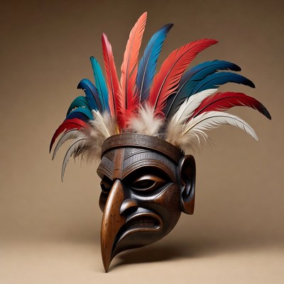 Carved wooden mask with colorful feathers