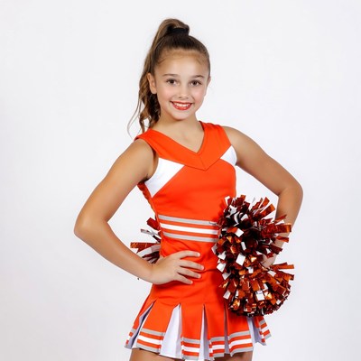 Girl in orange cheerleader uniform with pom poms