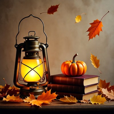 Vintage Lantern with Pumpkin and Autumn Leaves