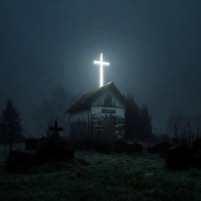 Glowing Cross on Abandoned Church Graveyard