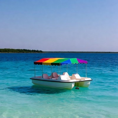 Pedalo boat with rainbow canopy on lake