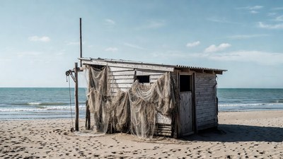 Old fishing shack with nets on beach