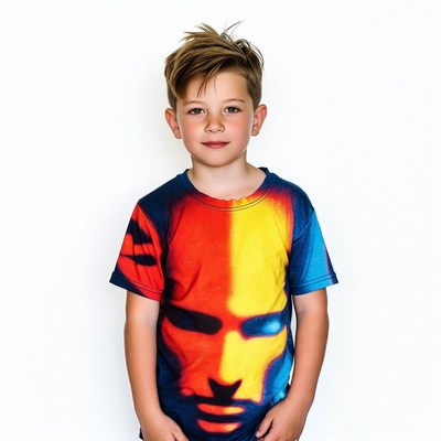 Boy wearing colorful graphic t-shirt