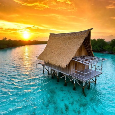 Overwater bungalow at sunset