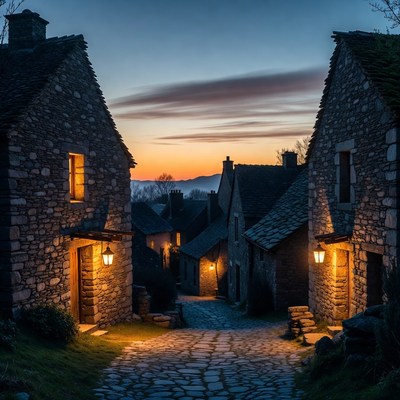 Stone Village Cobblestone Path at Sunset