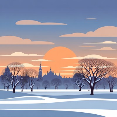 Winter Sunset Over Snowy Castle Silhouette