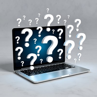 Laptop with floating question marks