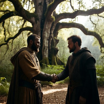 Two bearded men shaking hands by ancient oak