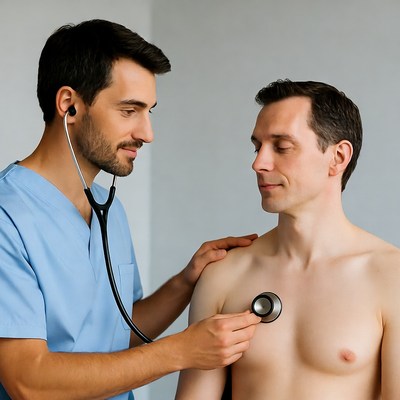 Doctor listening to patient's heartbeat