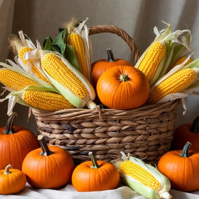 Basket of Corn and Pumpkins