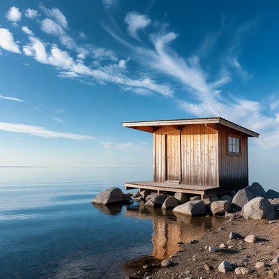 Wooden Cabin on Lake Shore