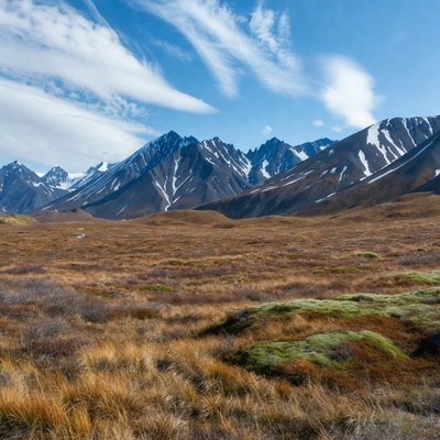 Snowy Mountains over Tundra Landscape