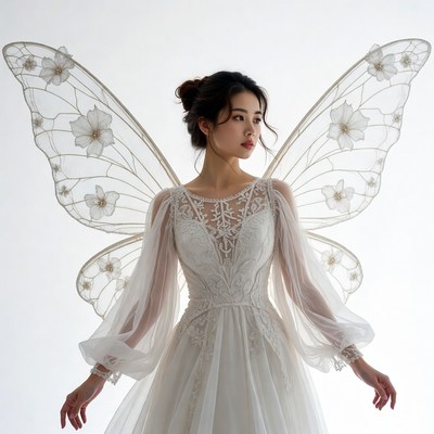Asian woman with large white wings