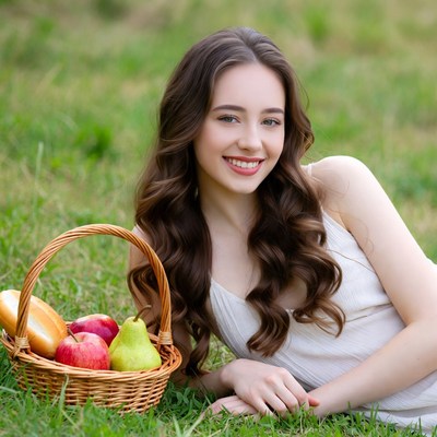 Young woman with fruit basket in grass