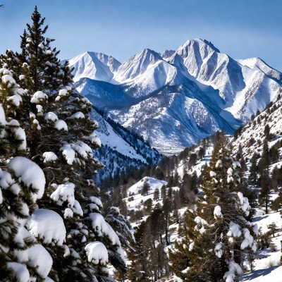 Snowy Pine Trees and Mountains