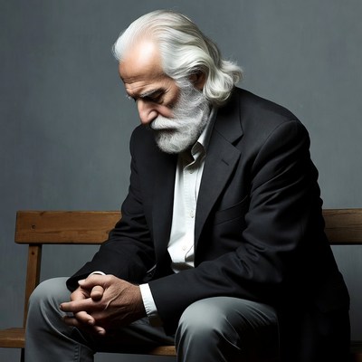 Elderly man with long white hair sitting