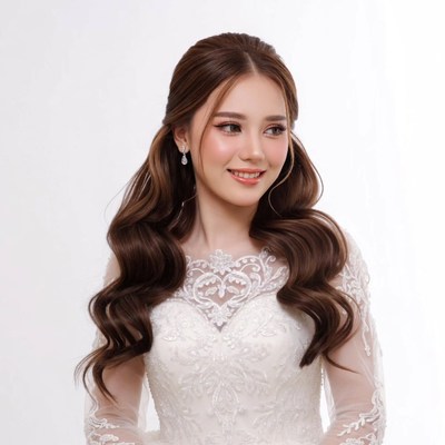 Asian bride in lace wedding dress