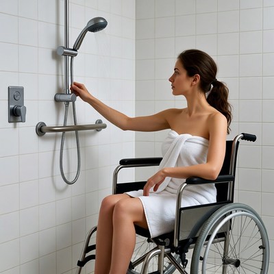 Woman in wheelchair turning on shower