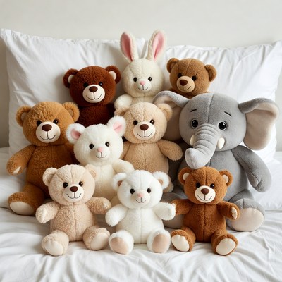 Group of plush teddy bears on bed