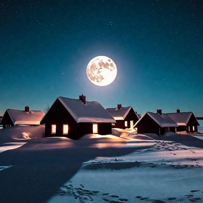 Snowy Houses Under Full Moon