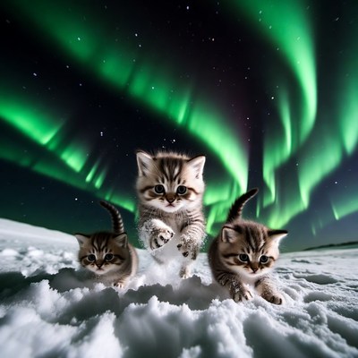 Kittens playing in snow under aurora